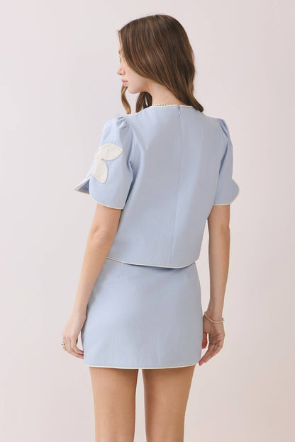 TCEC Embroidered Appliqué Floral Short Puff Sleeve Structured Skirt Set / BLUE