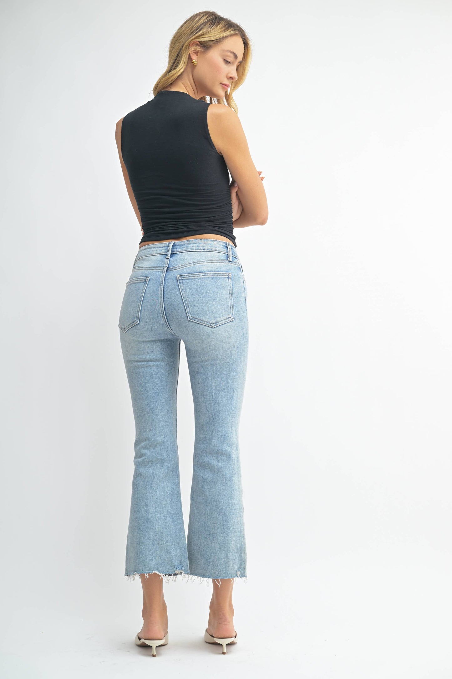 JBD -High Rise Crop Flare w/ Distressed Hem: Light Denim