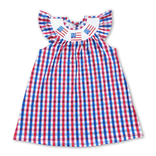 Flag embroidery smock plaid kids girls 4th of july dress: 14-16T