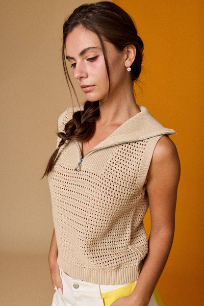 Open Knit Zip Collar Sleeveless Sweater -
