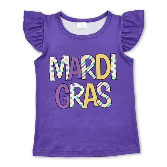 Purple flutter sleeves mardi gras baby girls shirt: 5-6T