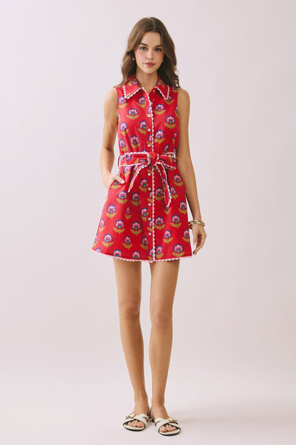 TCEC Floral Print Contrast Scalloped Trim Detail Dress