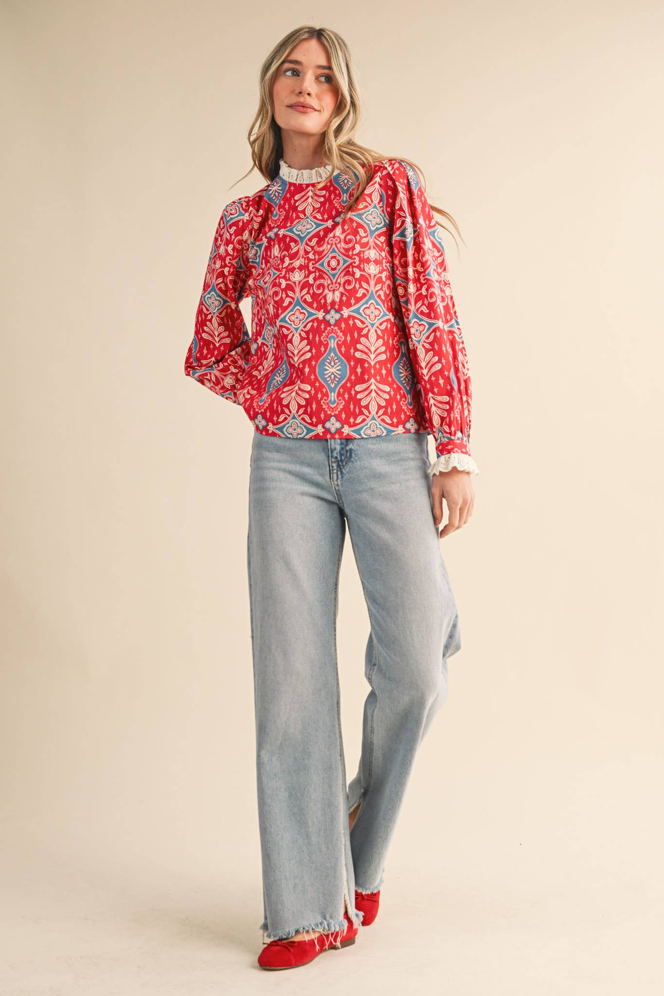 RUFFLE LACE TRIM MOCK NECK TOP