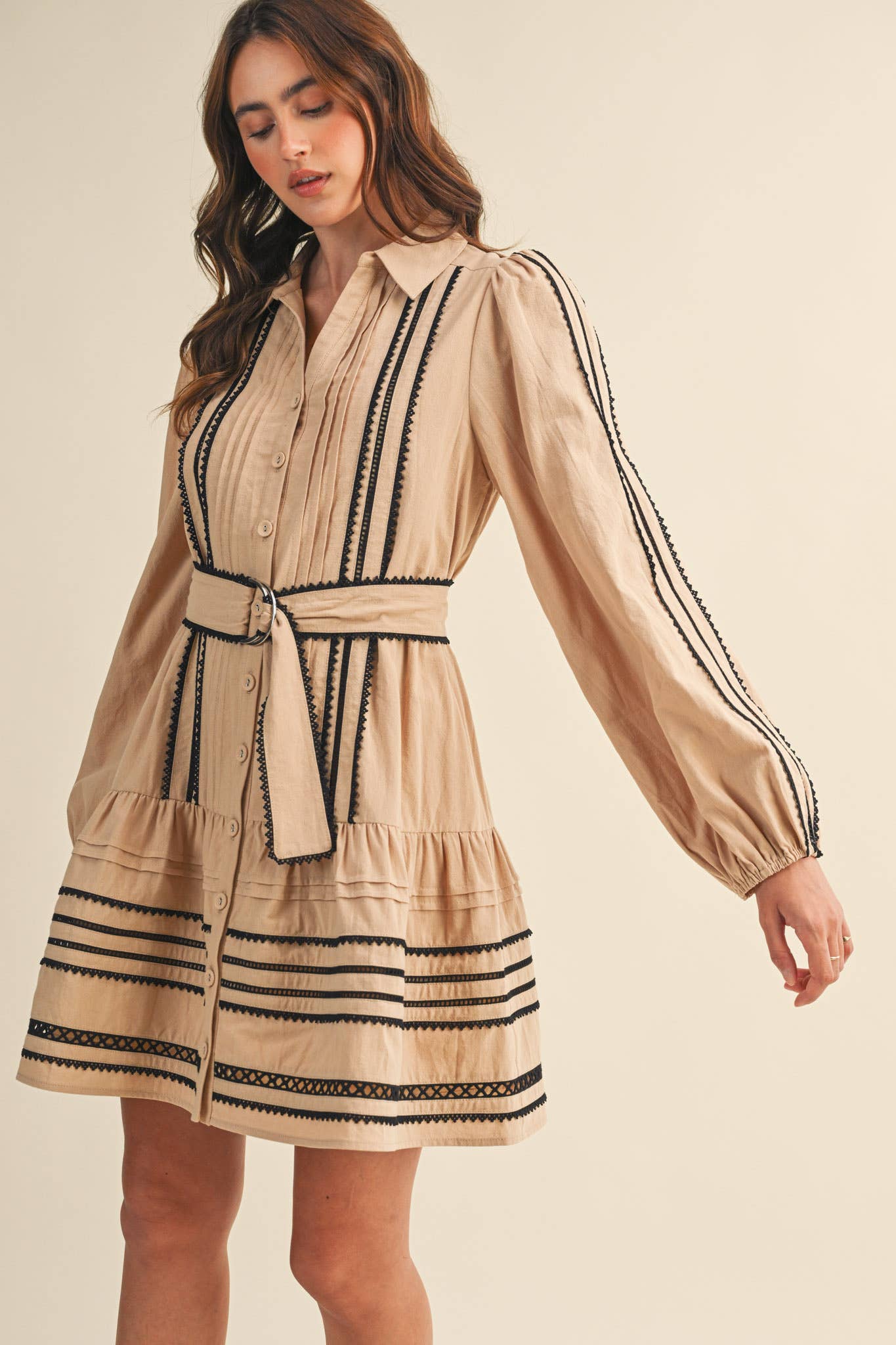 CONTRAST LACE TRIM BELTED MINI DRESS by &Merci