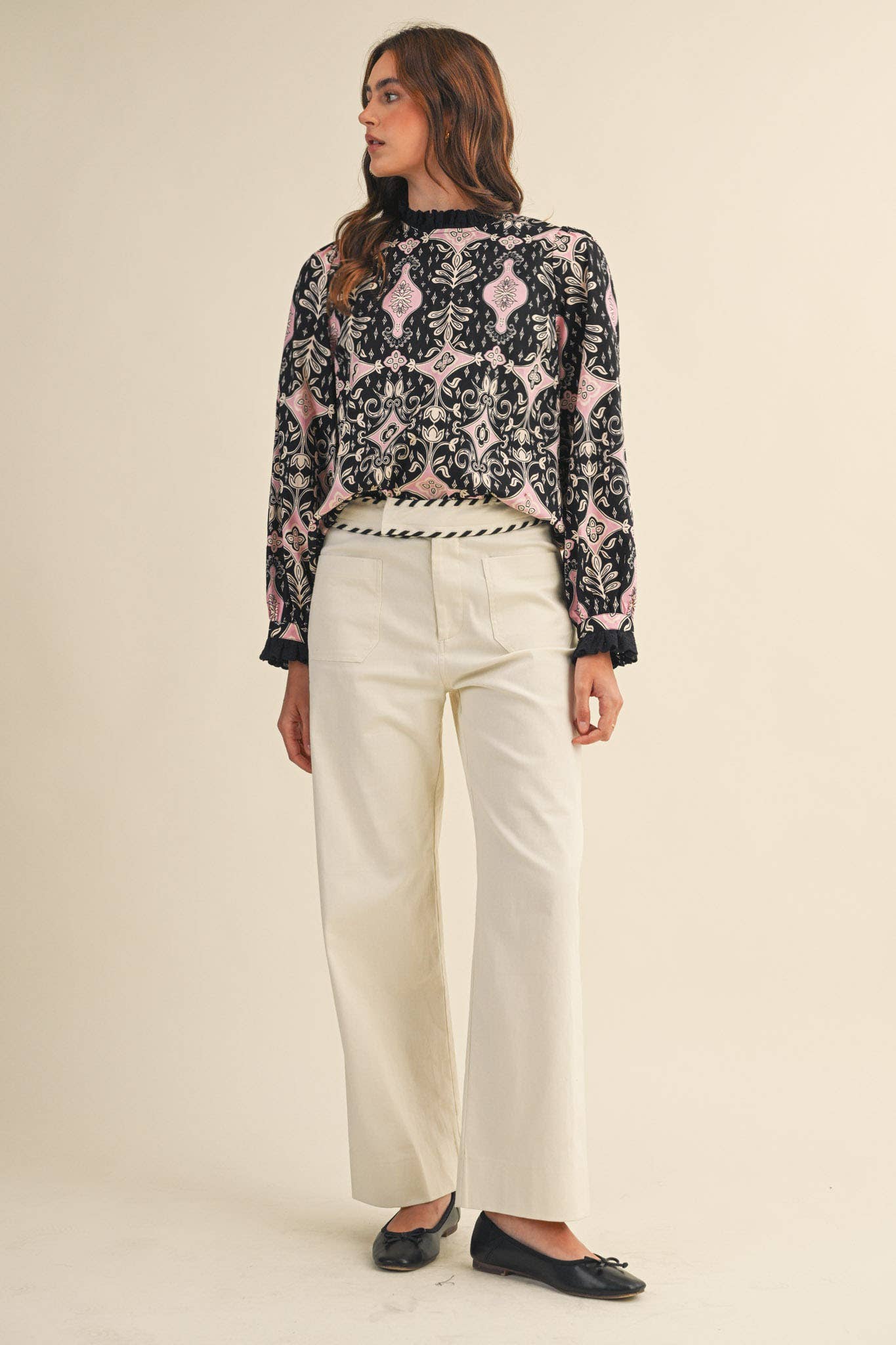 RUFFLE LACE TRIM MOCK NECK TOP