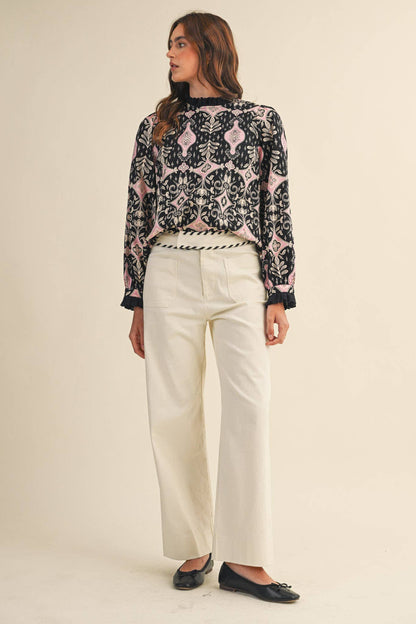 RUFFLE LACE TRIM MOCK NECK TOP