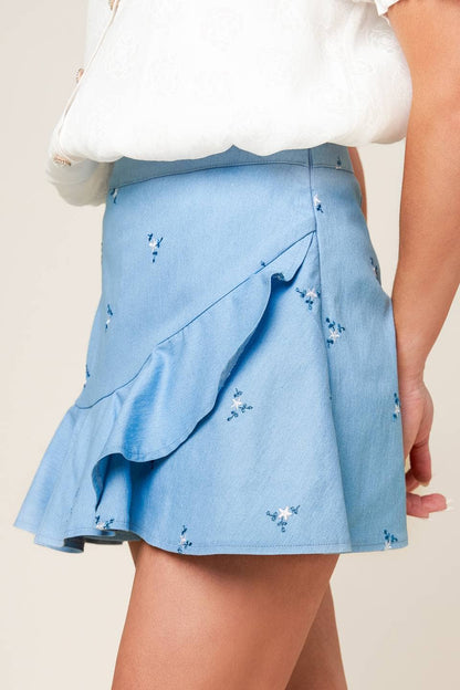 Baby blue floral embroidered woven skort - Flying Tomato