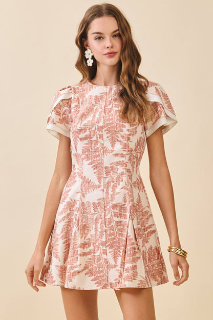 TCEC Fern Print Back Gathers Detail Puff Sleeves Dress