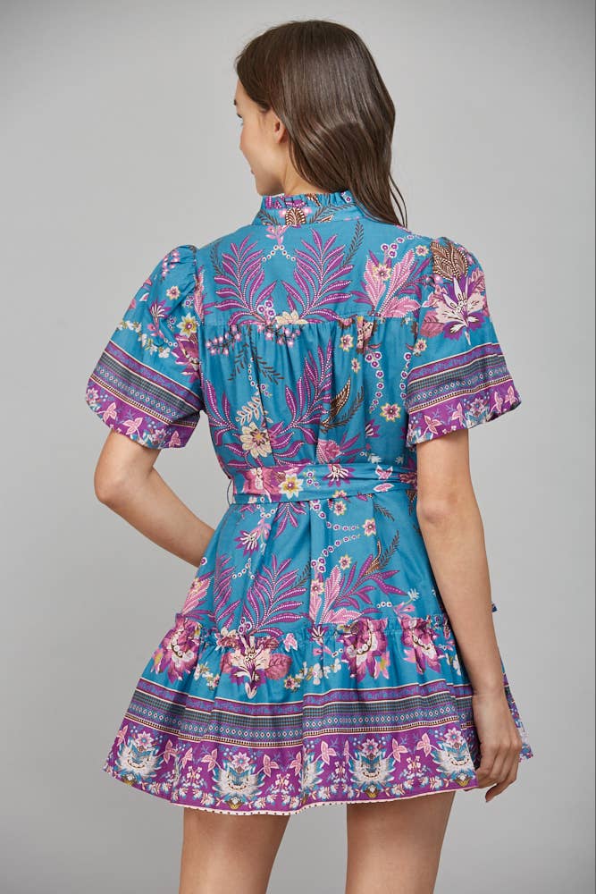 FATE: SELF SASH RUFFLED V-NECK SHORT SLEEVE MINI DRESS