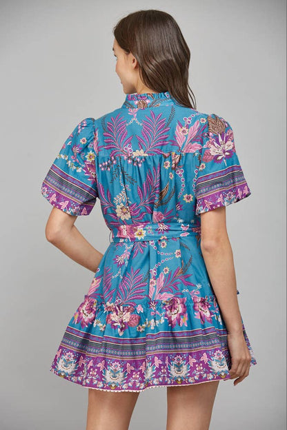FATE: SELF SASH RUFFLED V-NECK SHORT SLEEVE MINI DRESS