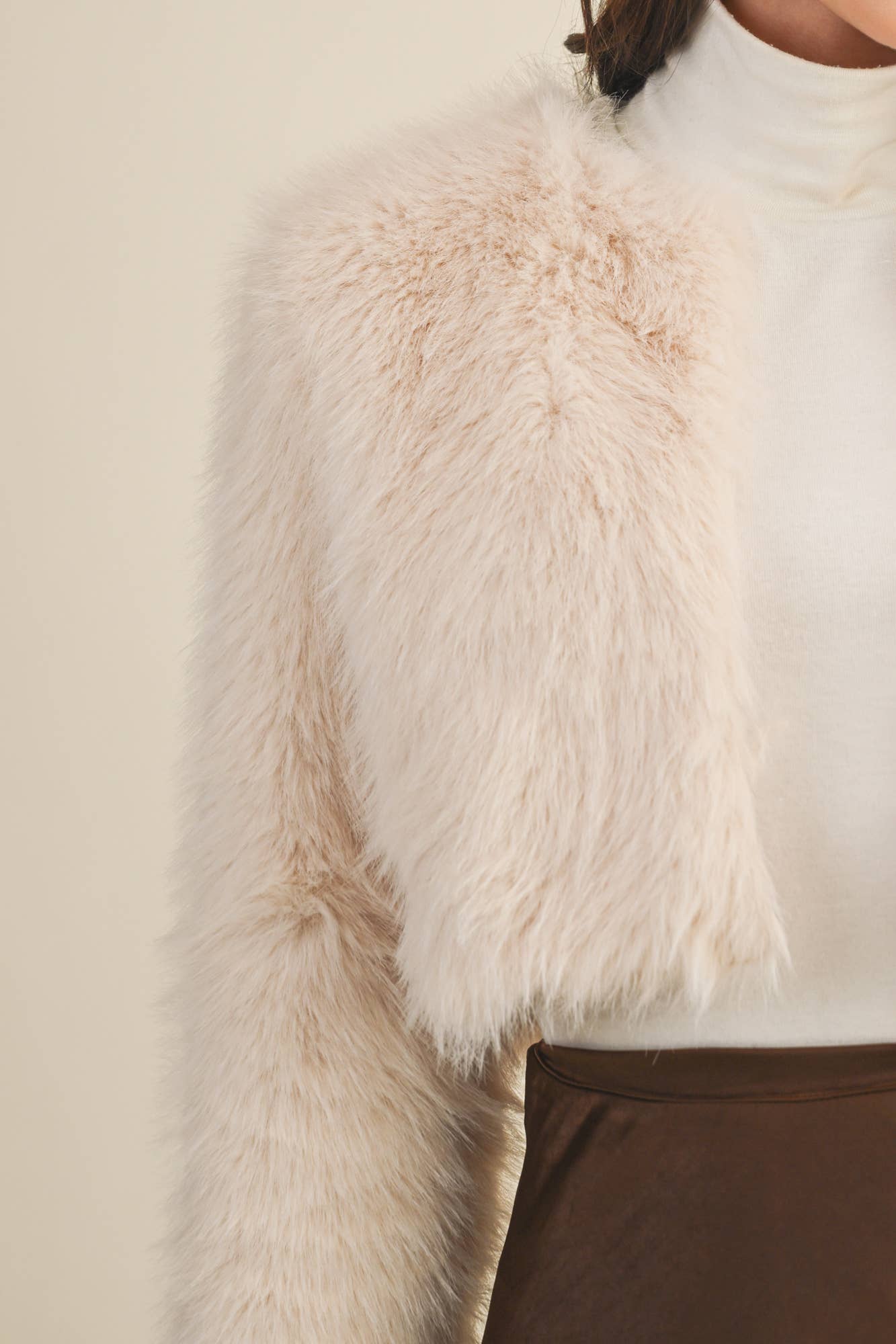 Cream CROPPED FAUX FUR JACKET