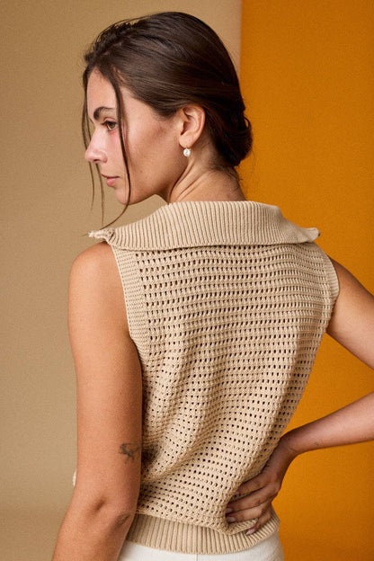 Open Knit Zip Collar Sleeveless Sweater -