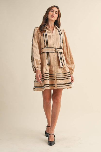 CONTRAST LACE TRIM BELTED MINI DRESS by &Merci