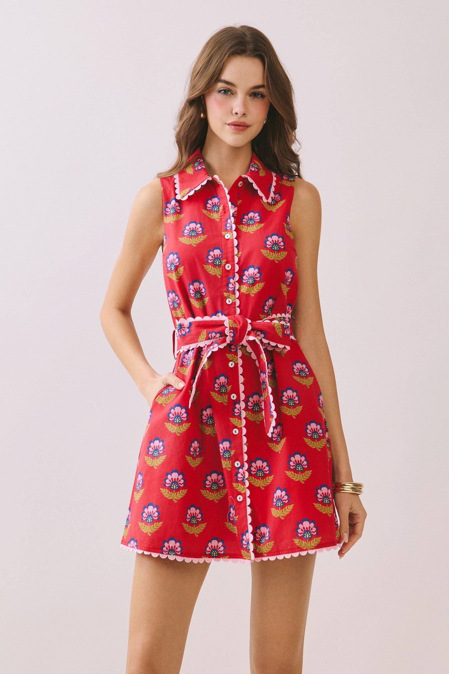 TCEC Floral Print Contrast Scalloped Trim Detail Dress