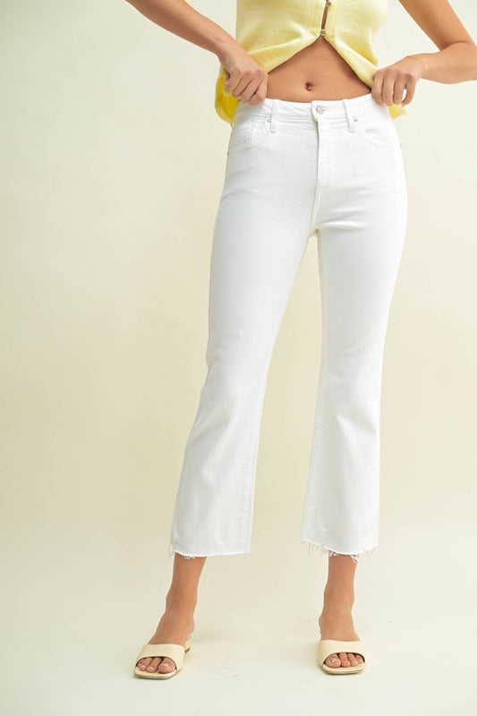 High Rise Crop Flare w/ Distressed Hem - white jeans