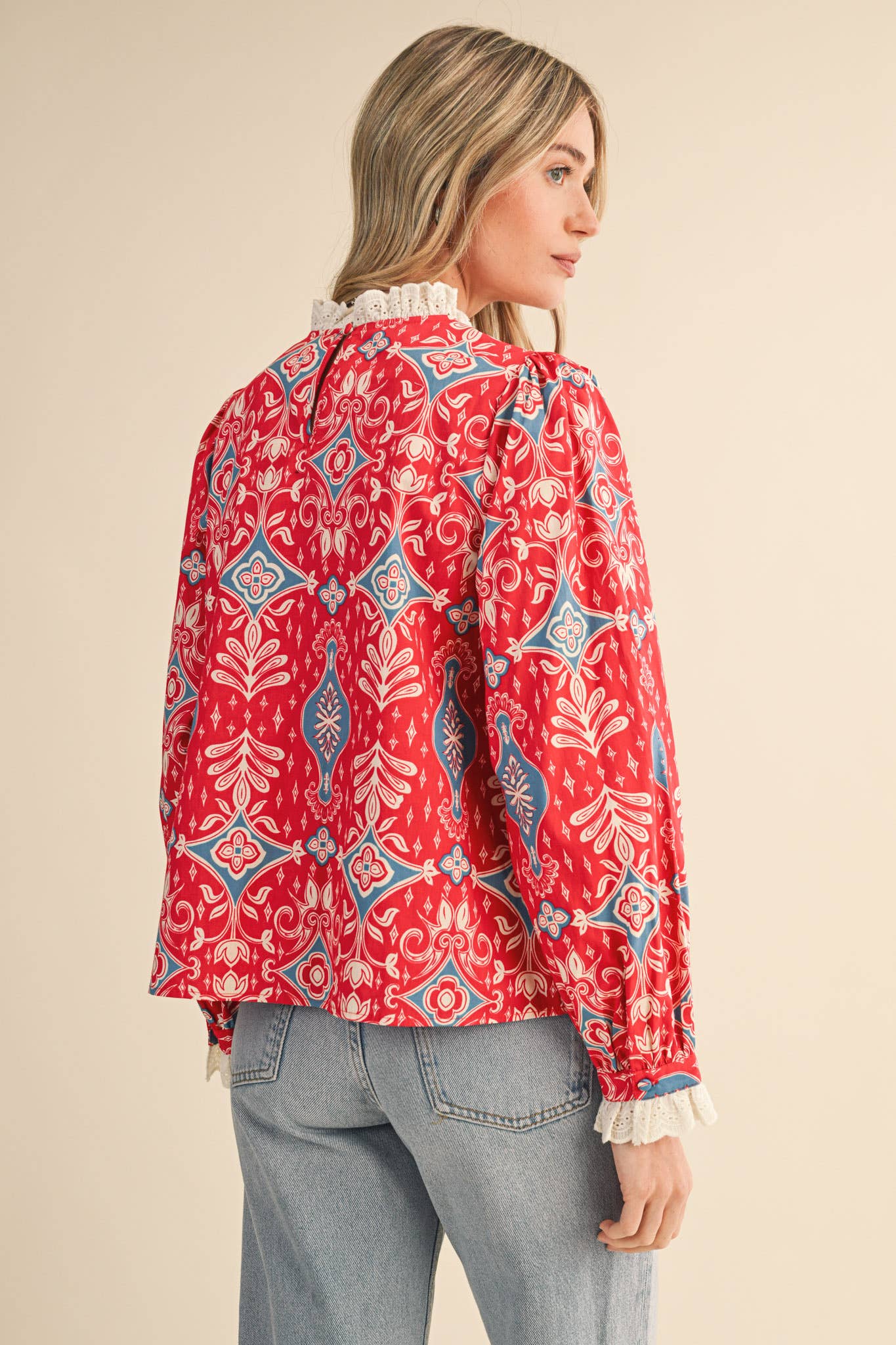 RUFFLE LACE TRIM MOCK NECK TOP