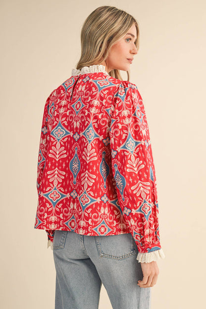 RUFFLE LACE TRIM MOCK NECK TOP