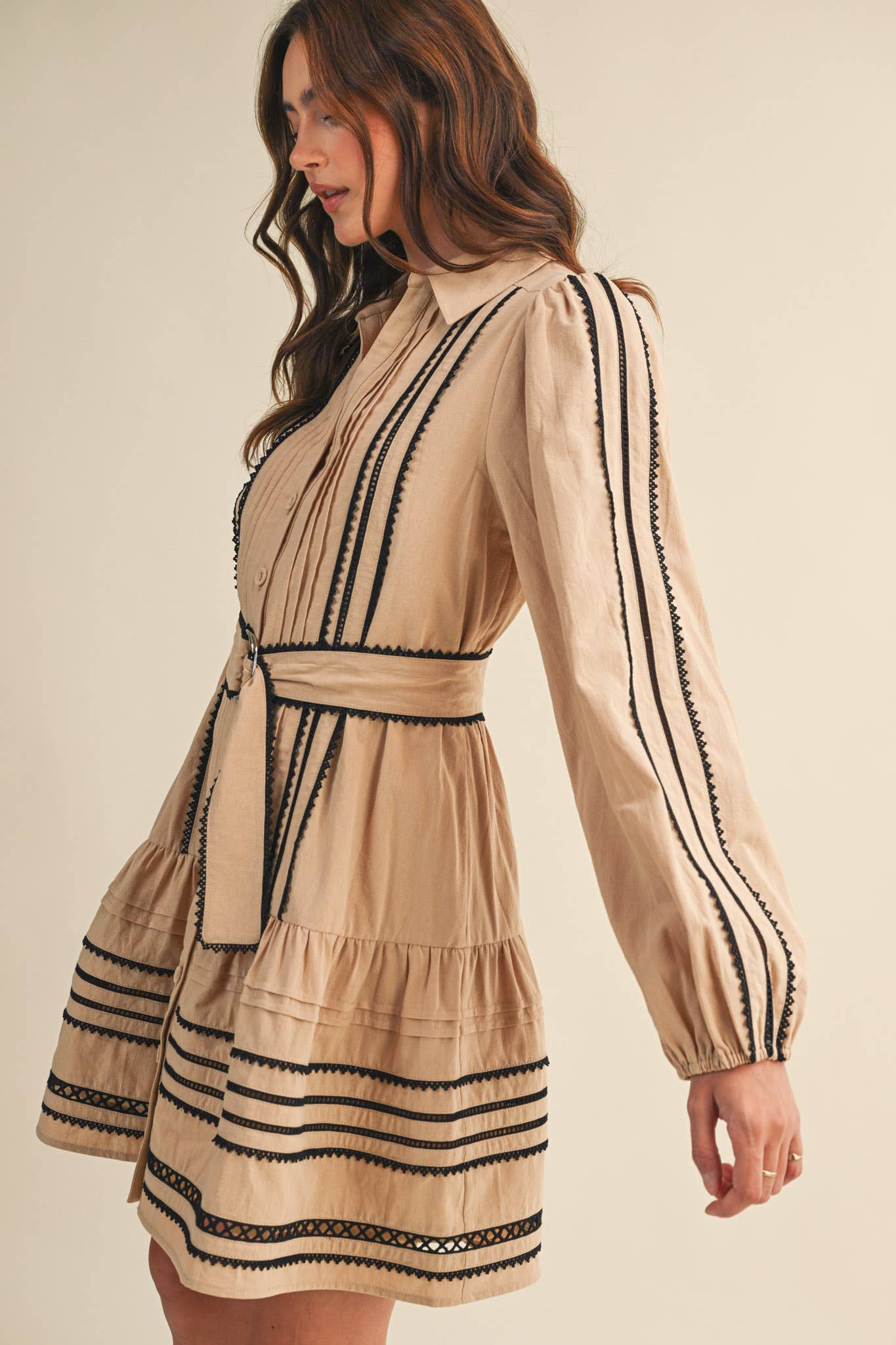 CONTRAST LACE TRIM BELTED MINI DRESS by &Merci