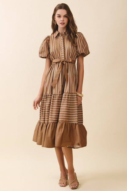 TCEC Striped Collared Neck Button Down Waist Belt Dress