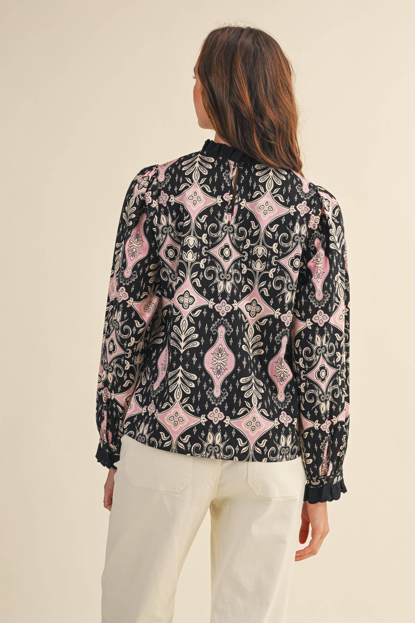 RUFFLE LACE TRIM MOCK NECK TOP
