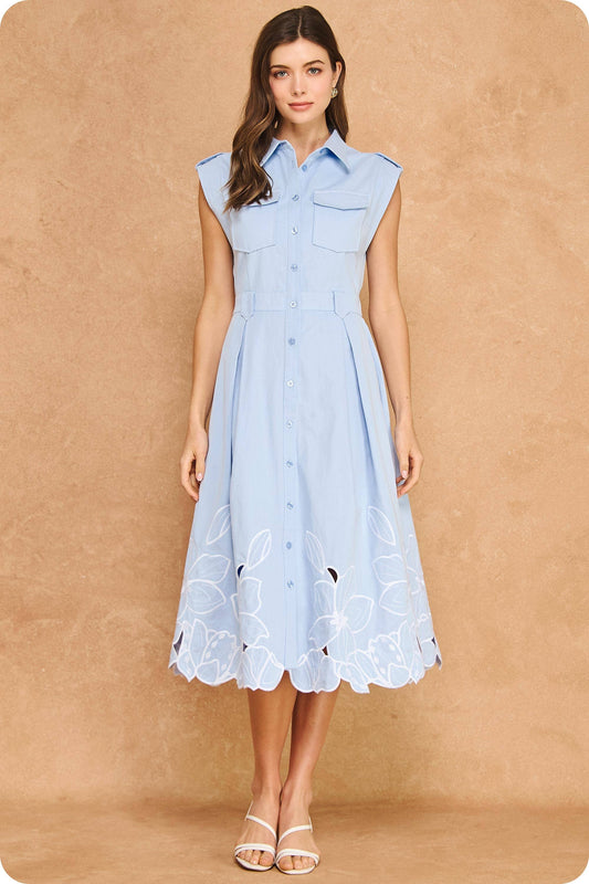 Floral Cut-Out Embroidery Twill Midi Shirt Dress