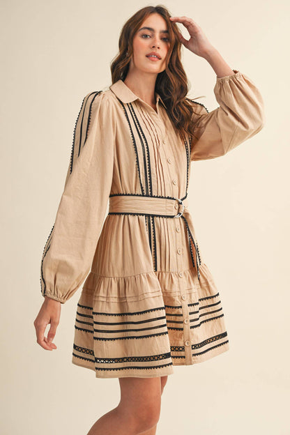 CONTRAST LACE TRIM BELTED MINI DRESS by &Merci
