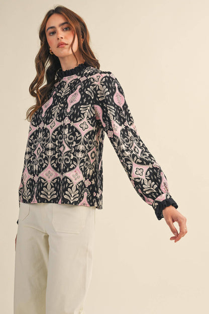 RUFFLE LACE TRIM MOCK NECK TOP