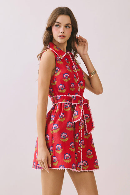 TCEC Floral Print Contrast Scalloped Trim Detail Dress