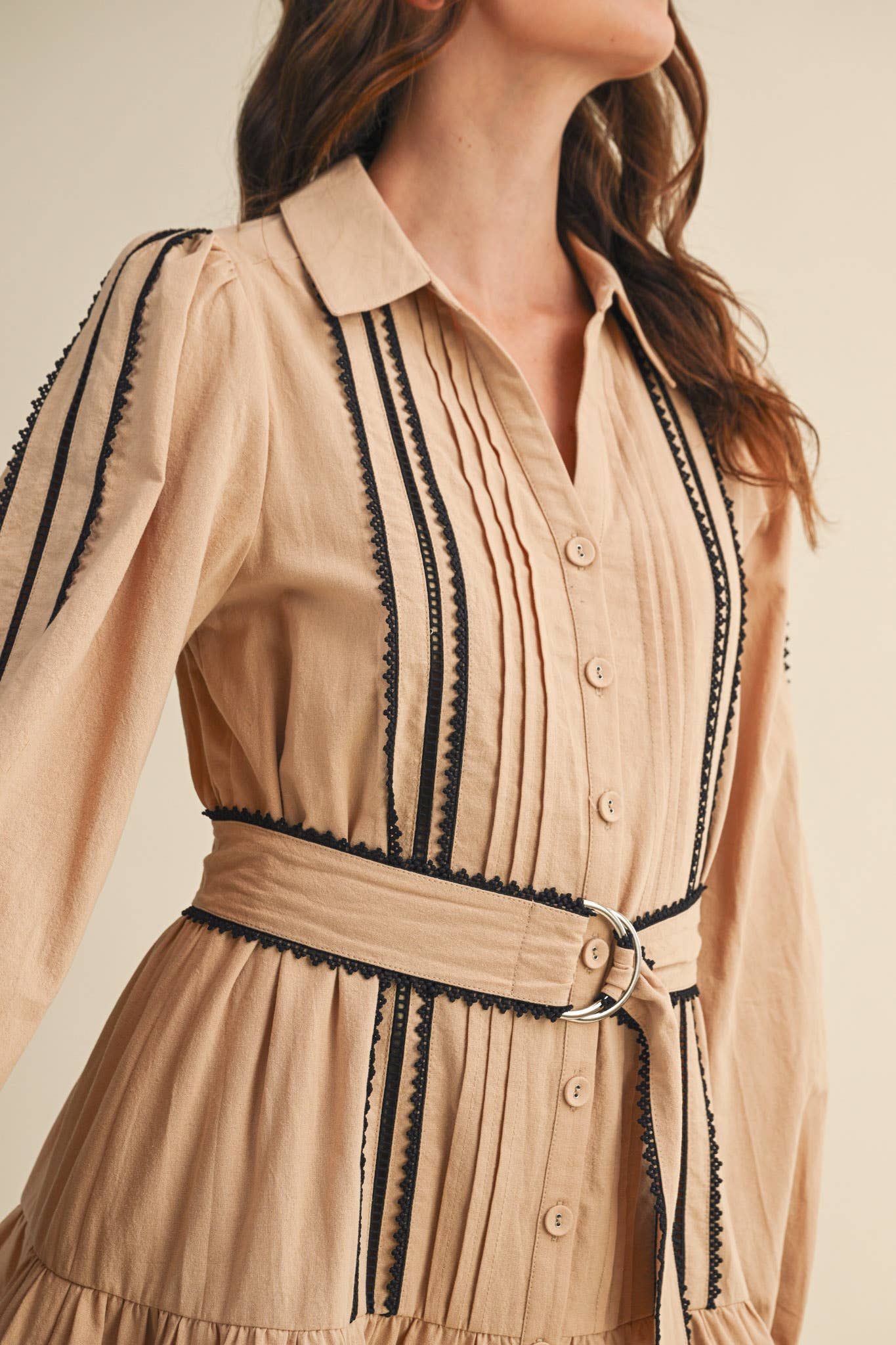 CONTRAST LACE TRIM BELTED MINI DRESS by &Merci