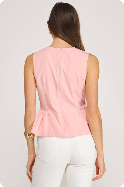 Top-stitch Poplin Sleeveless Top - CORAL PINK