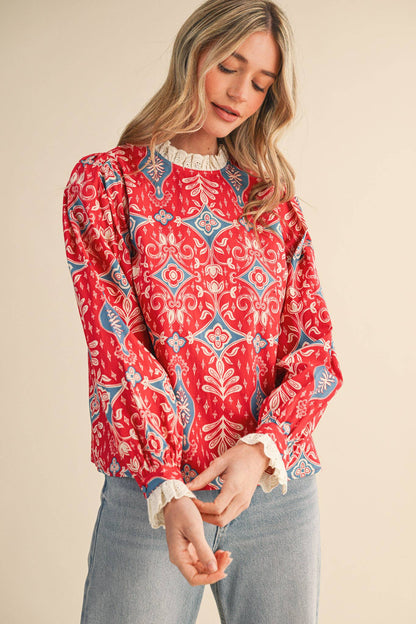 RUFFLE LACE TRIM MOCK NECK TOP