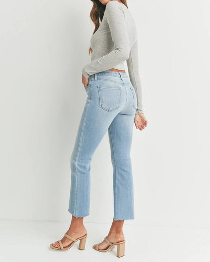 Cropped Frayed Flared Light Denim Jeans