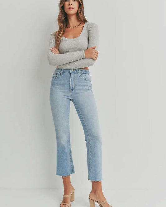 Cropped Frayed Flared Light Denim Jeans