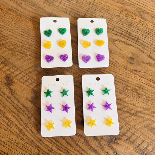 Heart and Stars Stud Mardi Gras Earrings