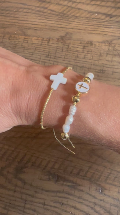 Gold beaded cross bracelet