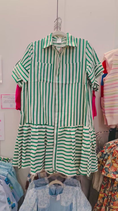 Textured button down green stripe dress with hot pink trim