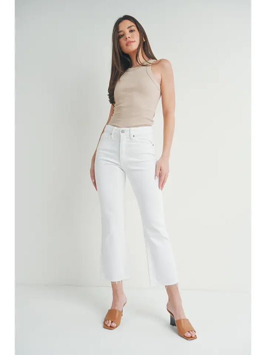 White Cropped Flare Jeans with distressed hem